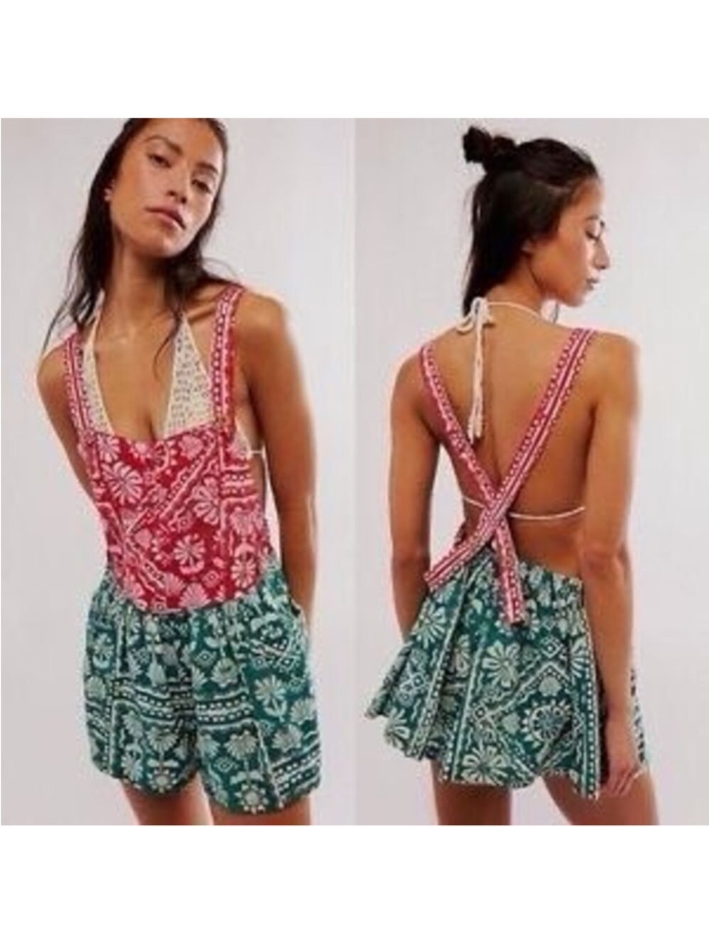NWOT FREE PEOPLE Palm Bay Printed Shortalls Romper Red Green Combo size medium
